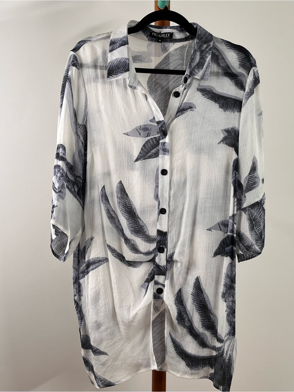 Picadilly Fashion White Sheer Button-Down Shirt with Black Leaf Print